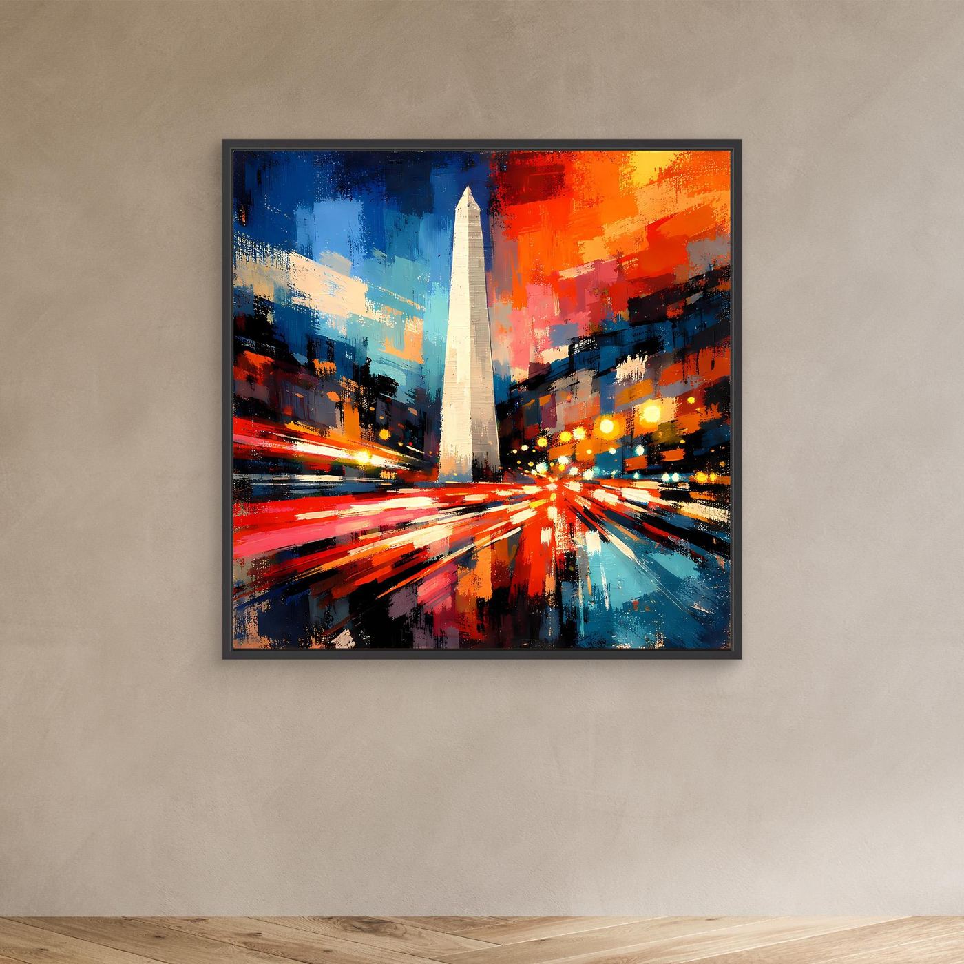 Leinwand-Wandbild: abstrakter Obelisk in Blau/Rot/Gelb mit schwarzem Rahmen.