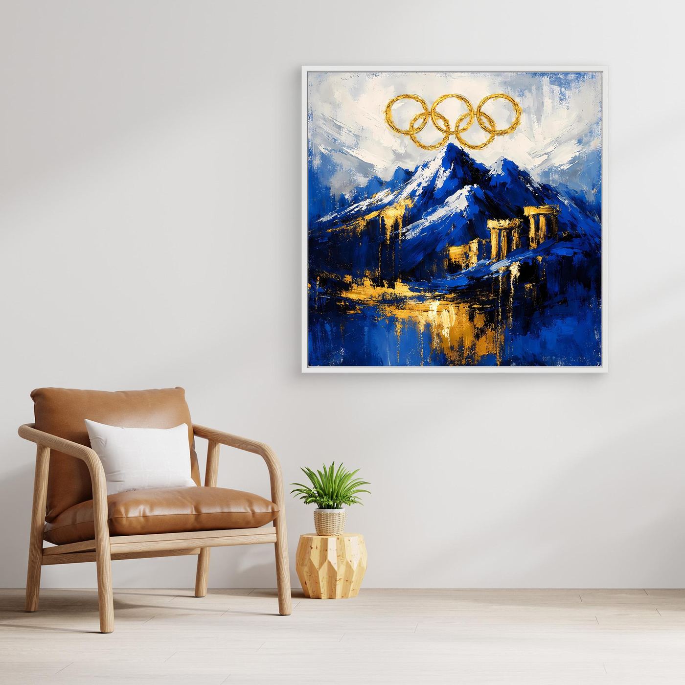 Leinwand Olympischer Geist am Mount Olympus | Abstraktes Berge Wandbild Gold Blau