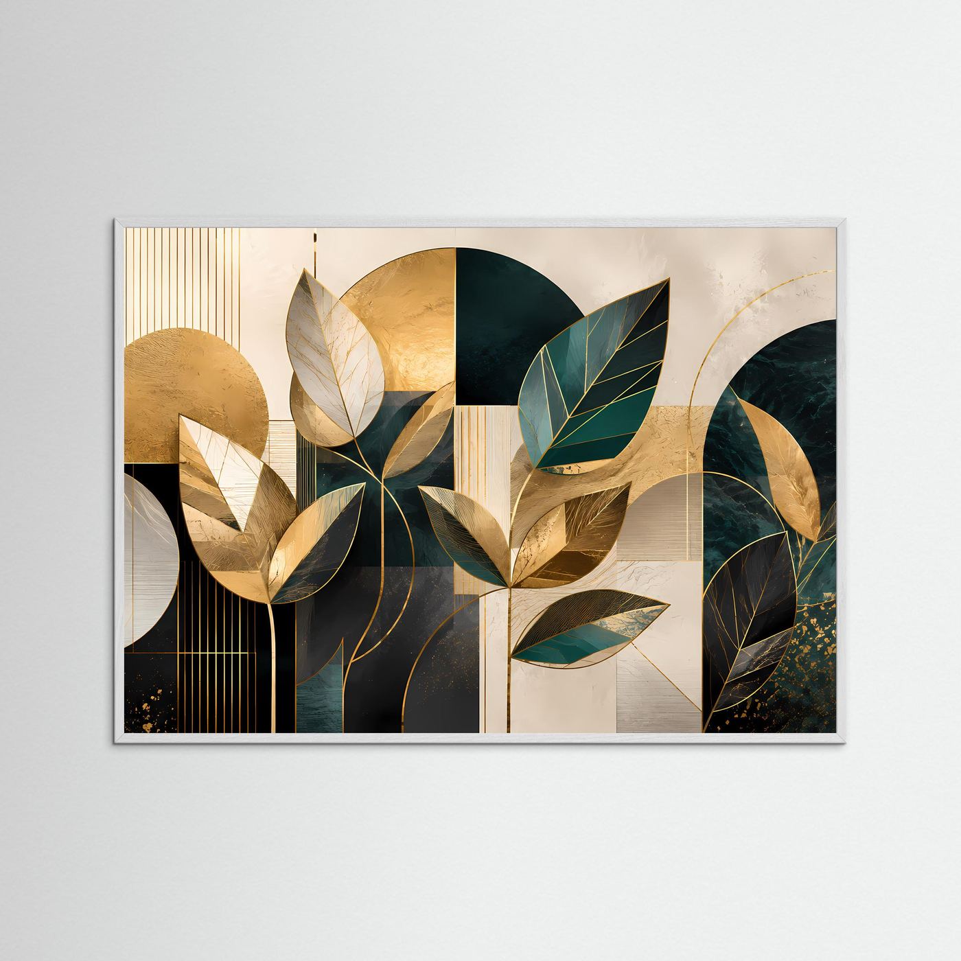 Abstrakte Blätter Poster | Moderne Botanische Geometrie Wandkunst | Gold Grün Beige | Minimalistische Premium Leinwand | Elegante Wall Art