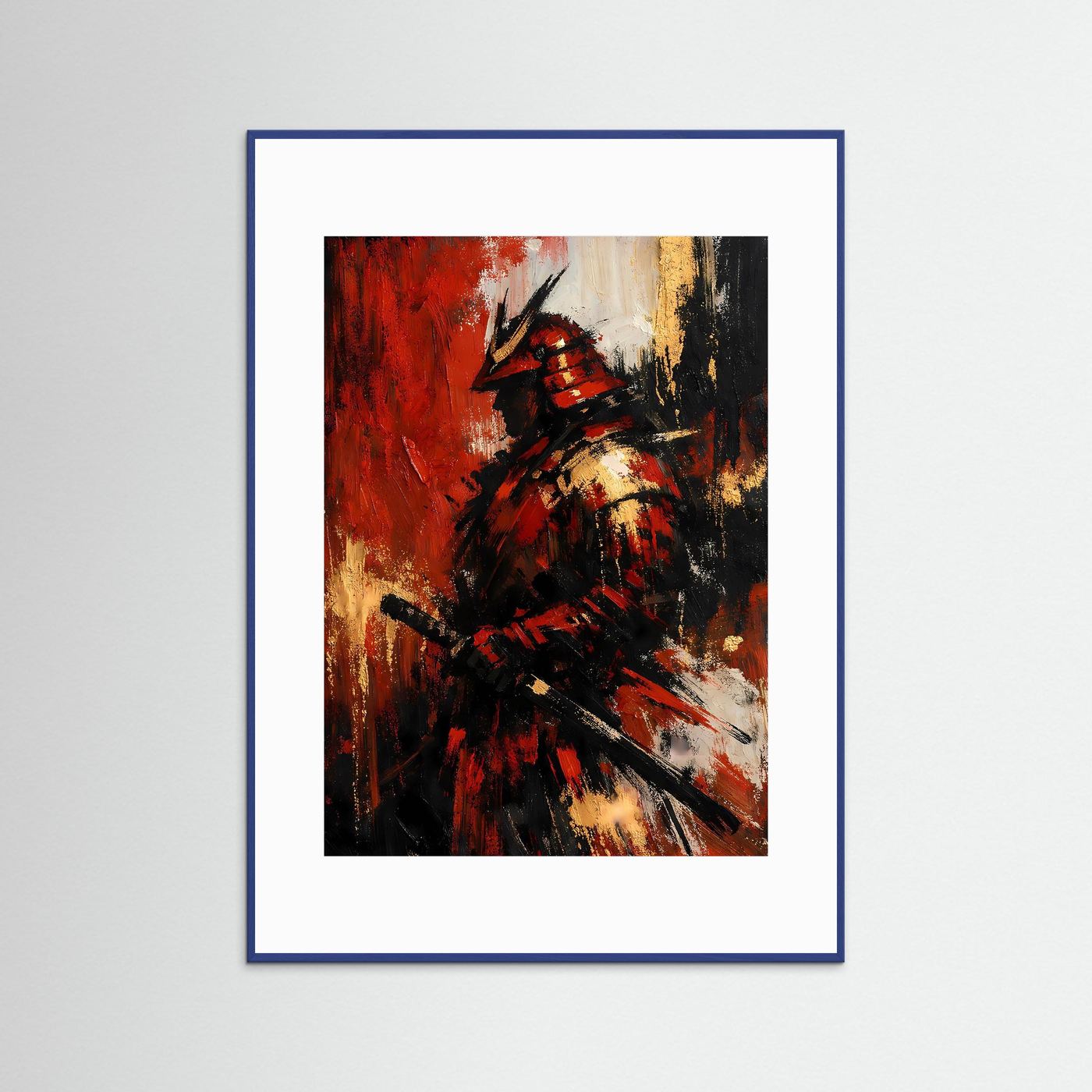 Samurai-Poster mit Kriegerhelm und Schwert, rot-schwarz, im blauen Rahmen