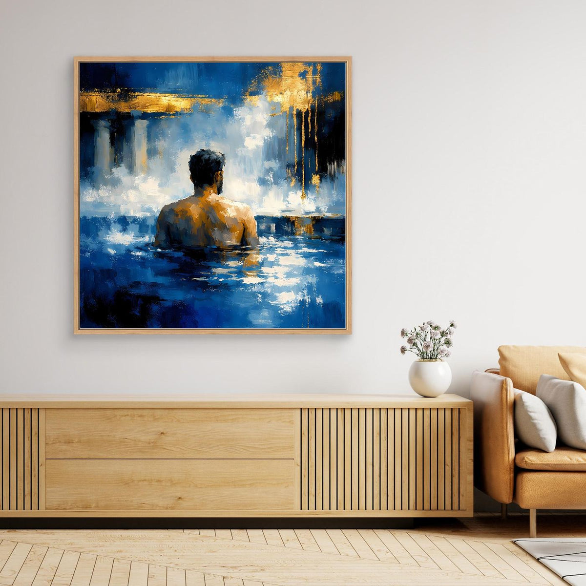 Abstraktes Leinwandbild: Mann im Wasserbad, blau-gelbe Farbakzente, mit goldenem Rahmen