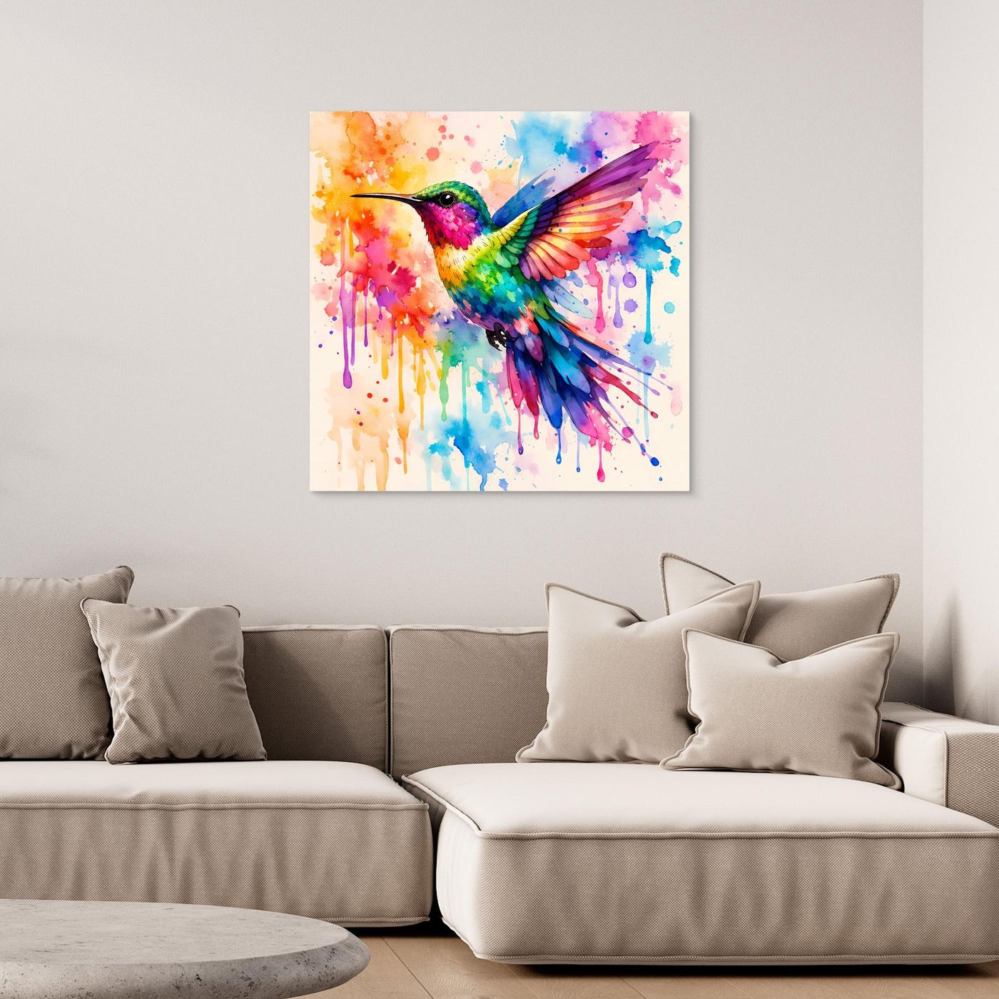 Leinwandbild mit buntem Kolibri-Aquarell, farbige Spritzer und Tropfen, ohne Rahmen