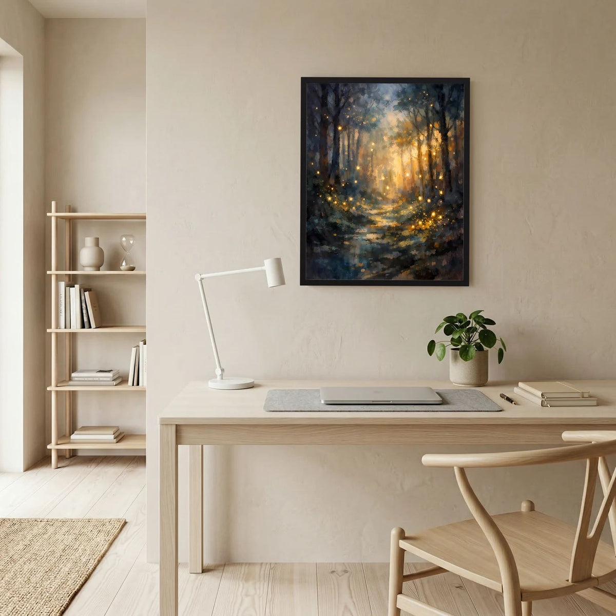 Wandbild-Poster mit Waldlichtung und goldenen Lichtpunkten im schwarzen Rahmen