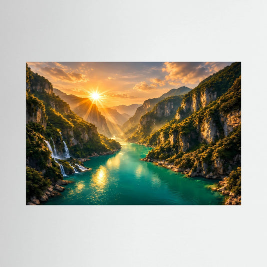 Rechteckiges Wandbild im Querformat: Fluss im Canyon bei Sonnenaufgang, goldene Sonne