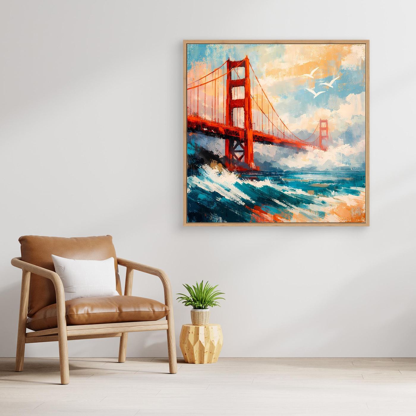 Abstraktes Leinwand-Wandbild der Golden Gate Bridge mit goldfarbenem Holzrahmen.