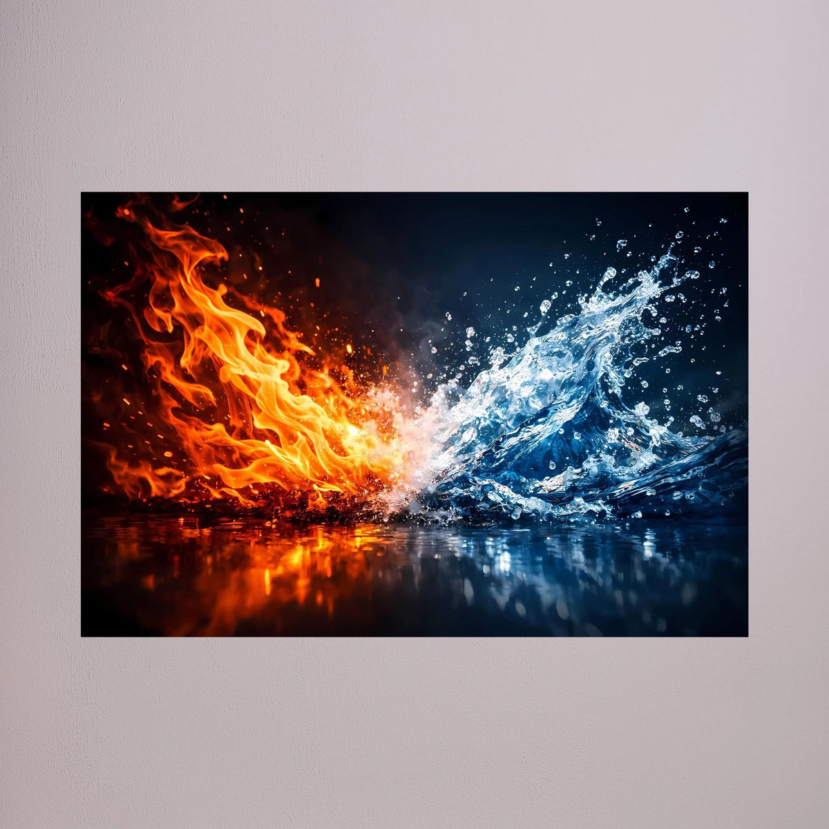 Querformatiges Kunstposter mit Feuer-und-Wasser-Motiv, rot-orange und blau, zentral