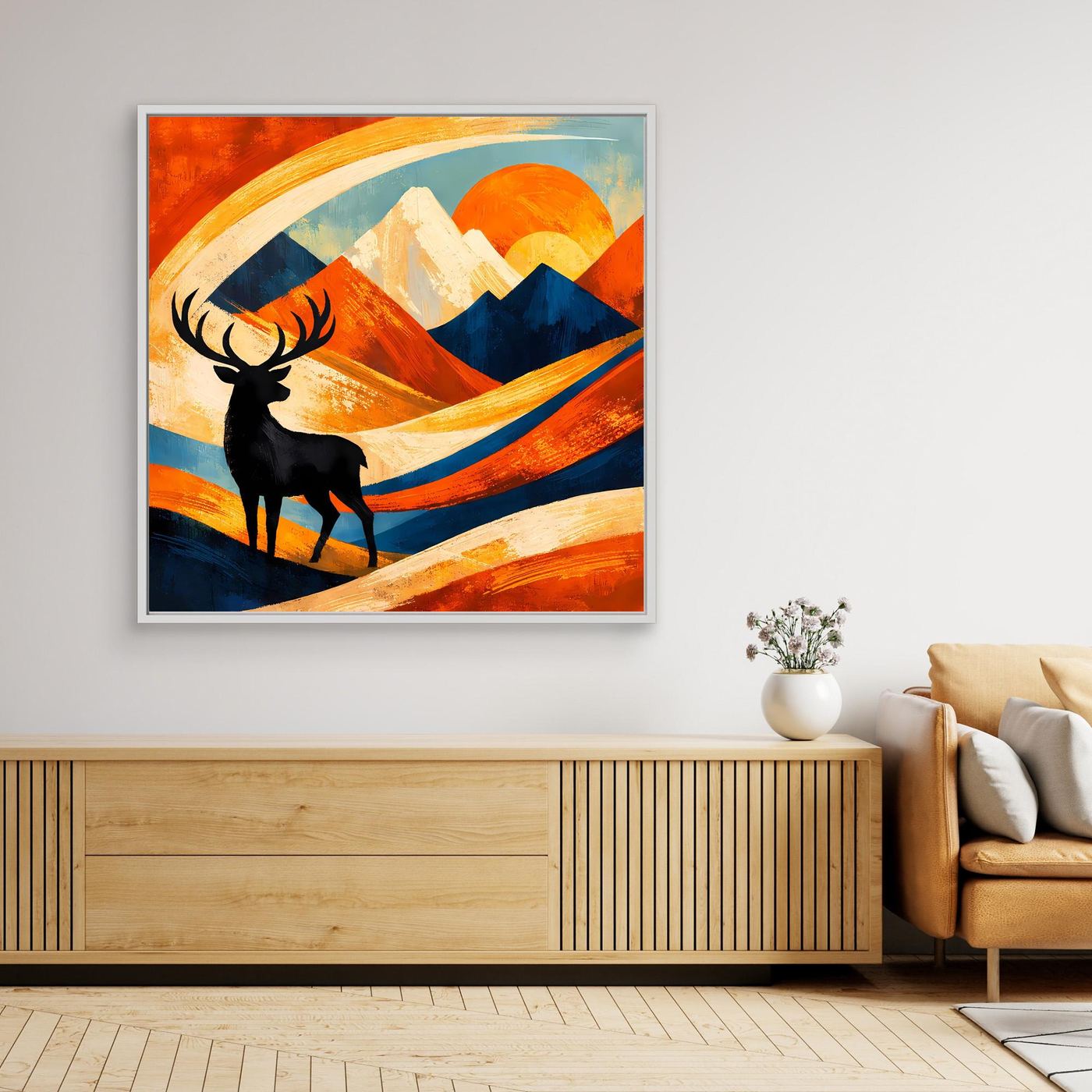 Gerahntes Leinwandbild mit abstrakter Berglandschaft und Hirsch, farbenfroh im hellen Rahmen