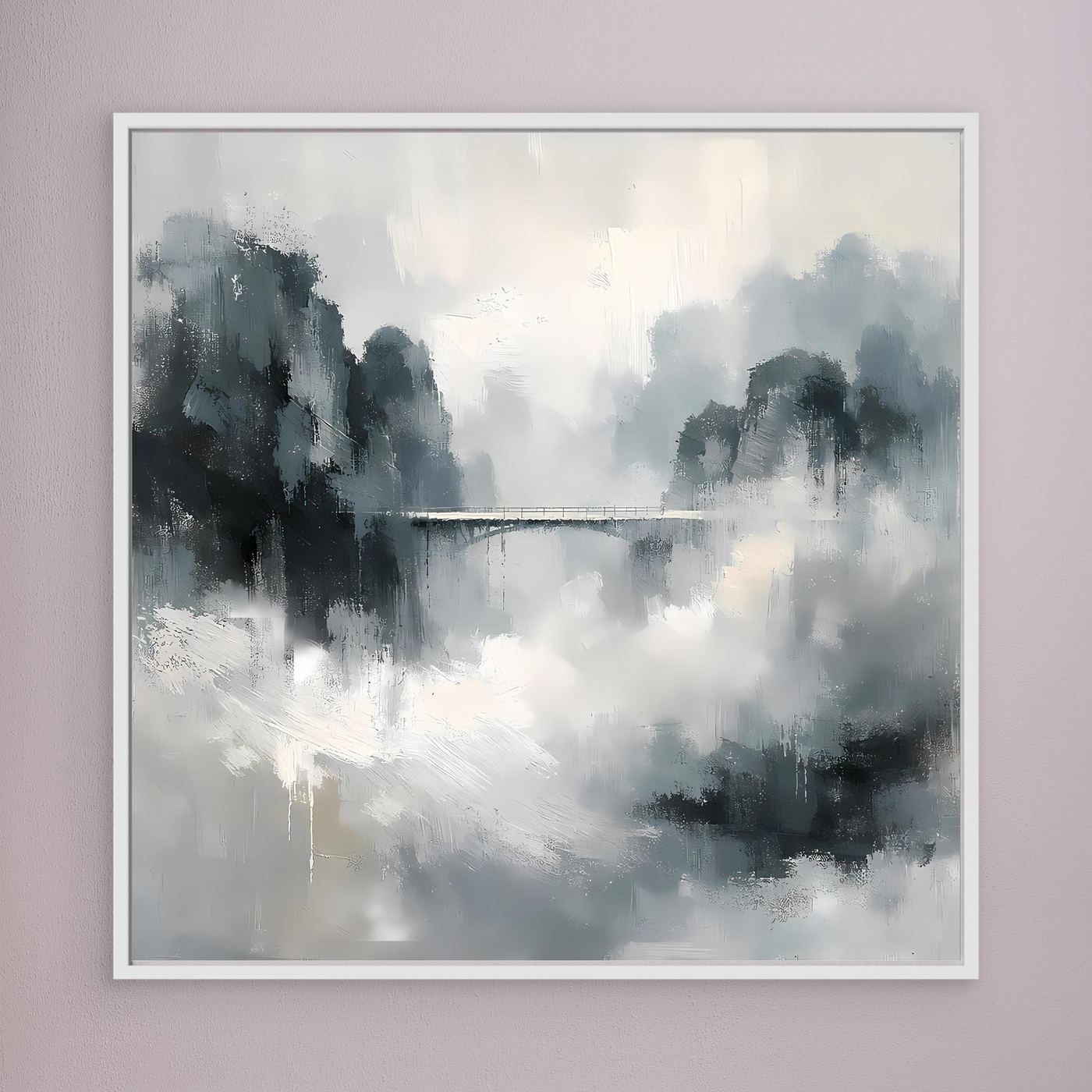 Leinwand Mystische Bergbrücke im Nebel | Abstraktes Natur Wandbild Grau