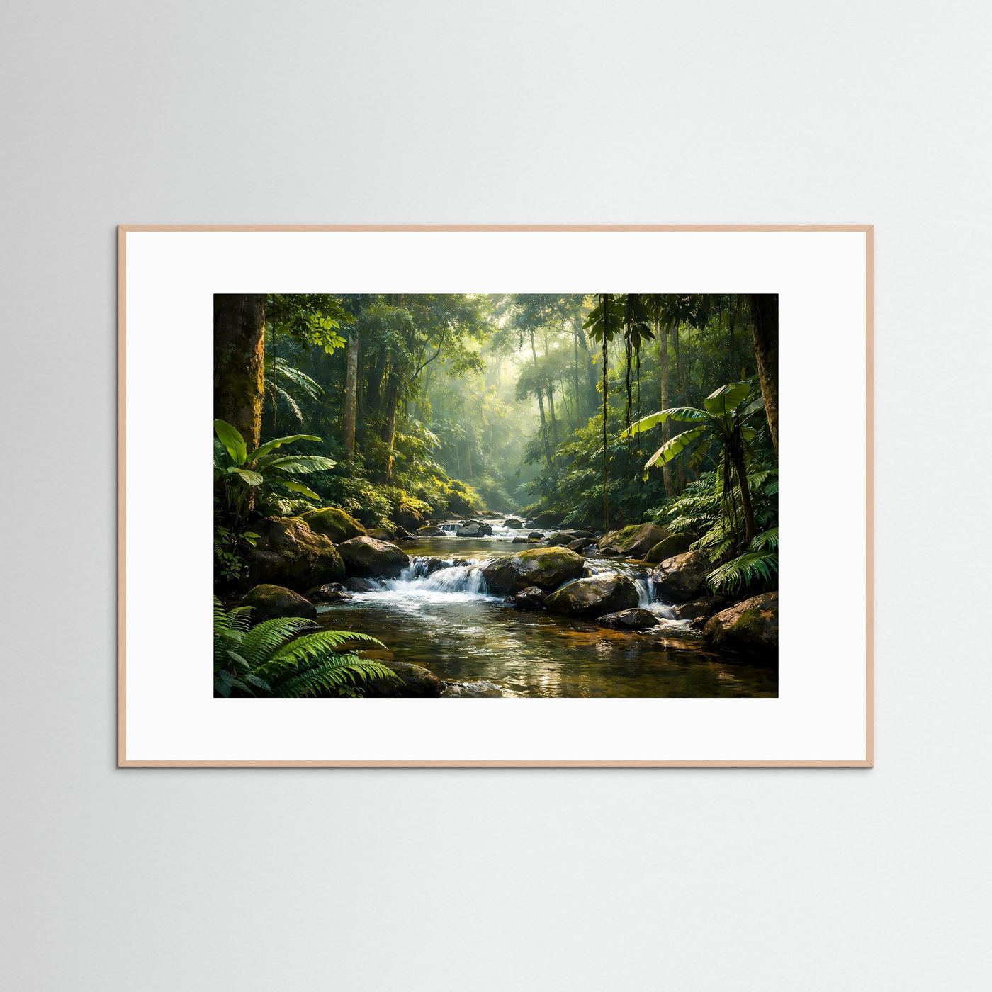Querformat-Dschungelposter mit Flusslauf, hellbrauner Rahmen mit weißem Passepartout