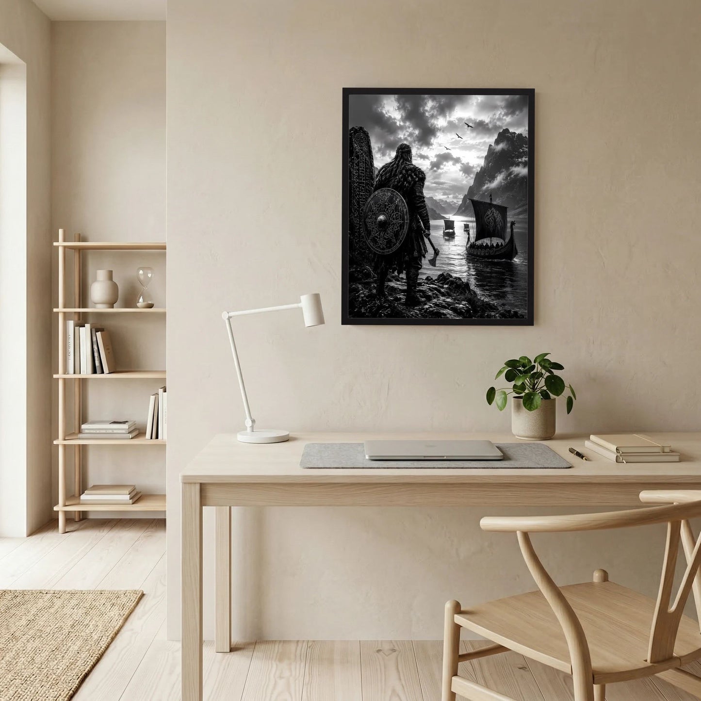 Schwarzweiß-Poster im Hochformat mit Wikingerkrieger, Rundschild und Langschiff