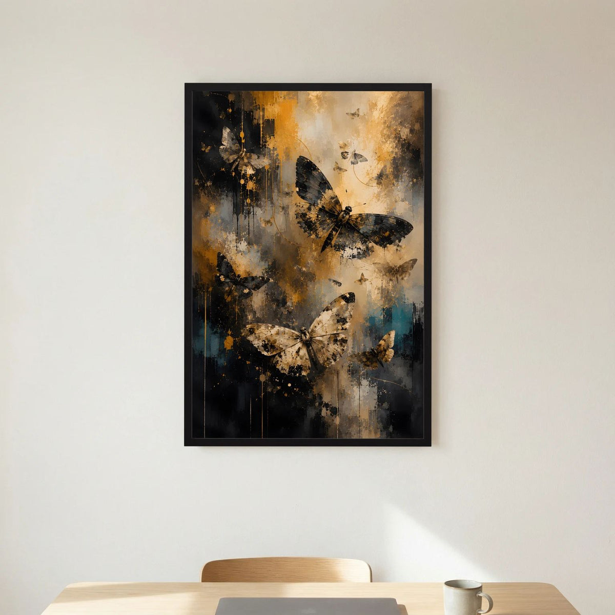 Wandbild mit abstrakten Schmetterlingen, schwarzer Rahmen, goldene und dunkle Farbakzente