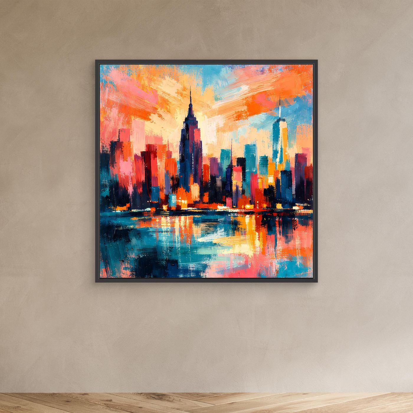 Gerahmtes Leinwandbild Skyline mit Spiegelung, orange-blau abstrakt, dunkler Rahmen