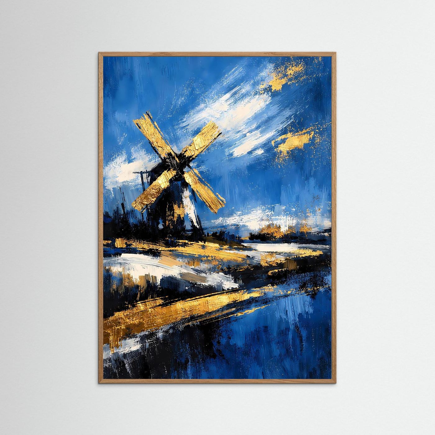 Wandkunstposter mit Windmühle in Gold auf blauem Landschaftsgemälde, mit Holzrahmen