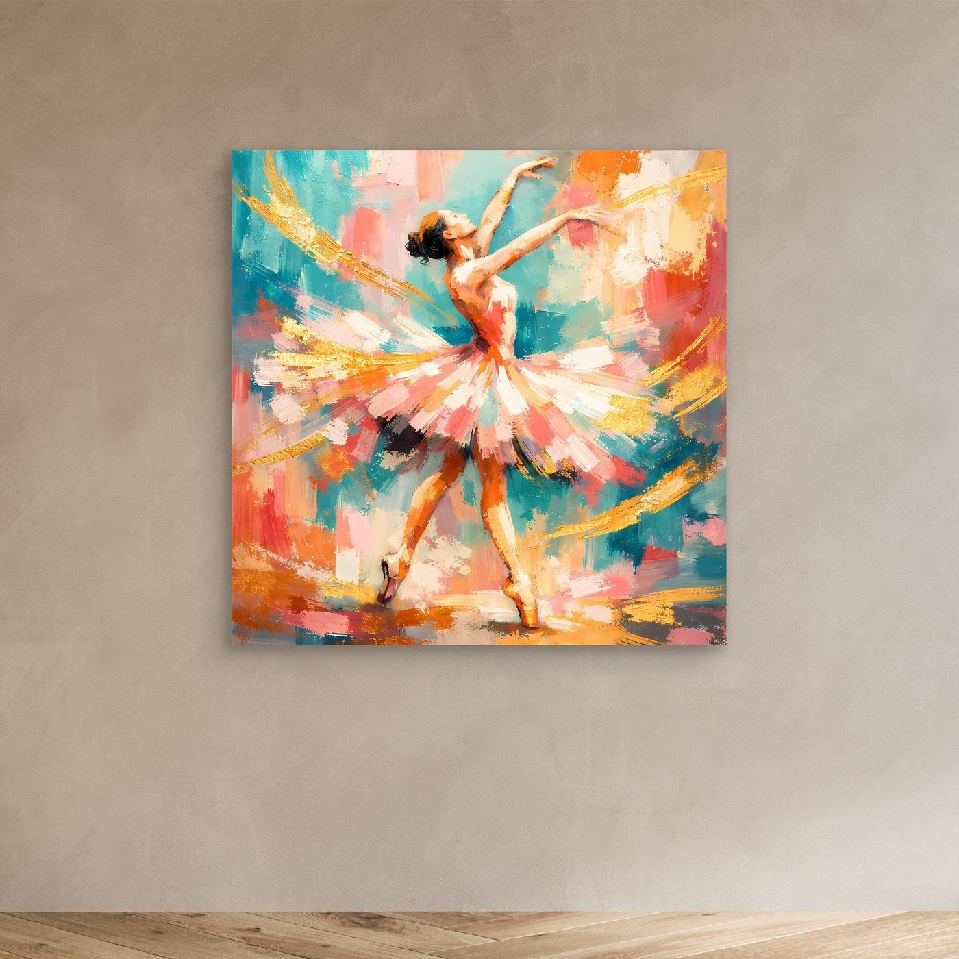 Leinwandbild mit abstrakter Ballerina, bunte Pinselstriche, tanzende Figur