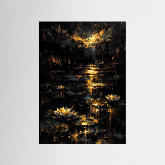 Abstraktes Seerosenteich-Poster, schwarzer Hintergrund mit goldenen Reflexen und Blüten
