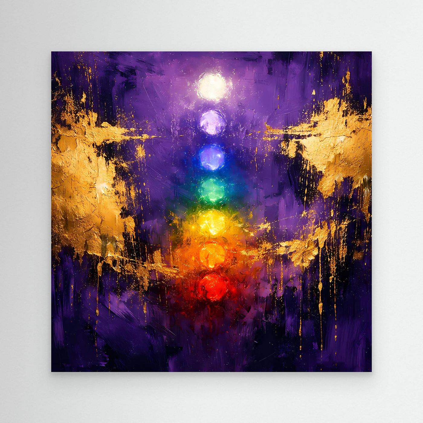 Leinwand Sieben Chakren auf tiefem Violett | Modernes Spirituelles Yoga Wandbild