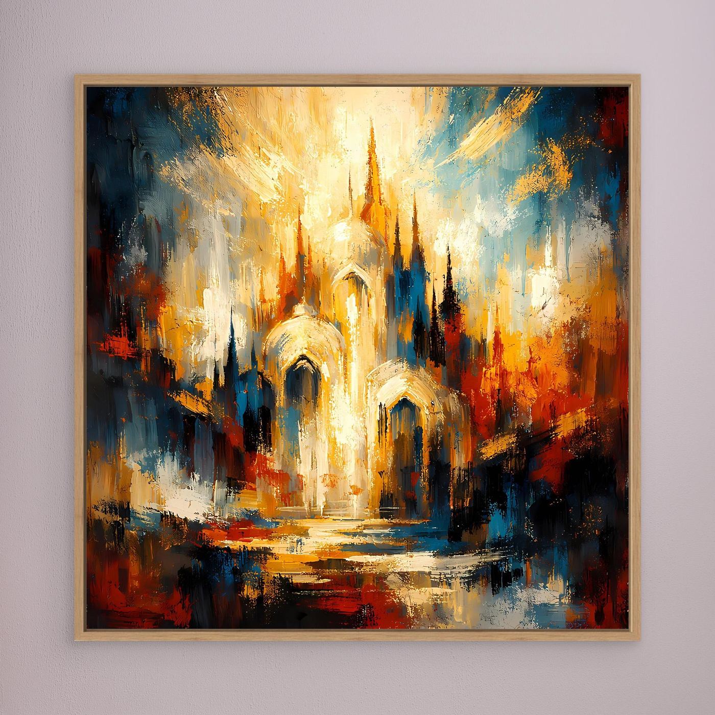Gerahmtes Leinwandbild mit goldener abstrakter Kathedrale, Blau, Rot und helle Highlights