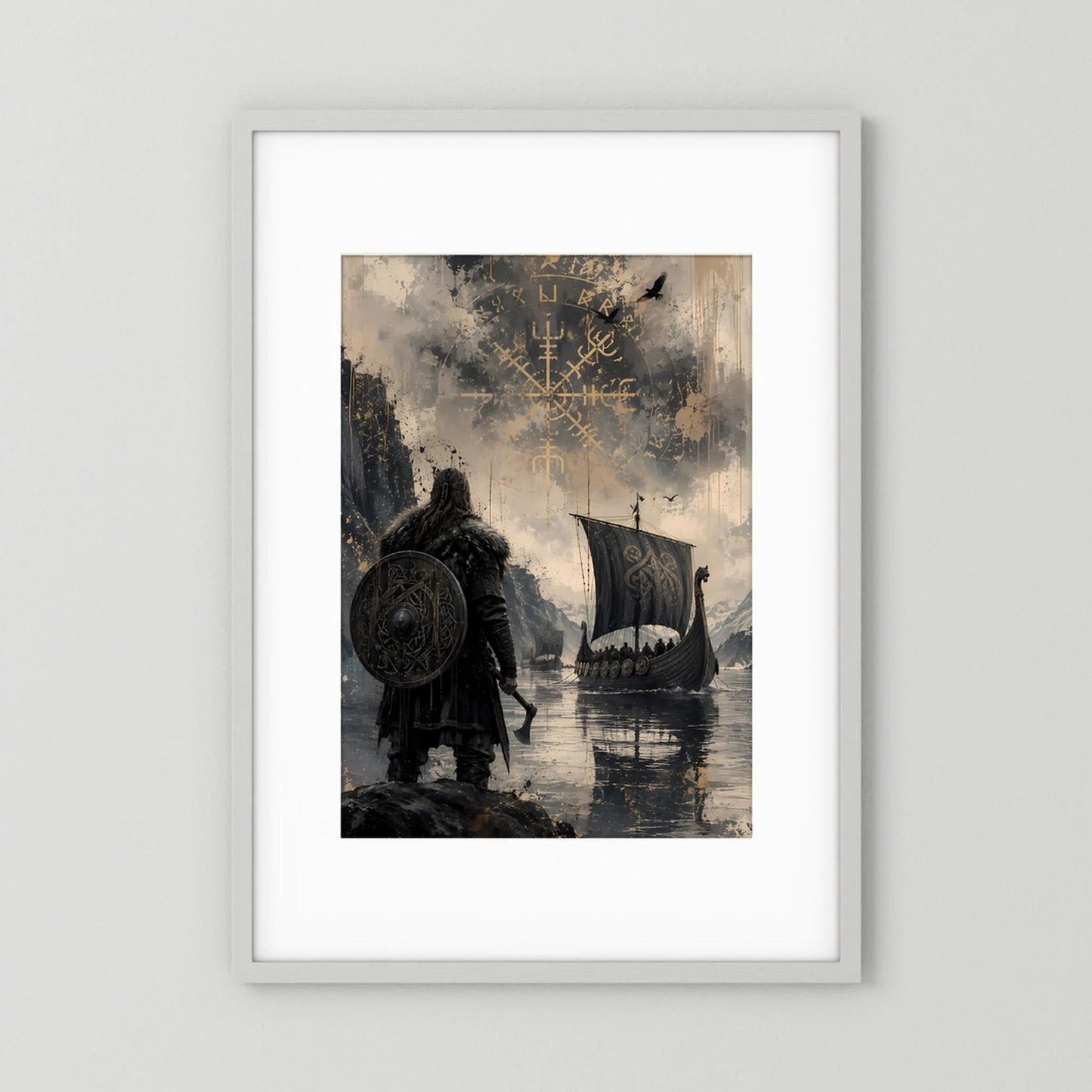 Hochformat-Poster im weißen Rahmen mit Wikingerkrieger und Langschiff