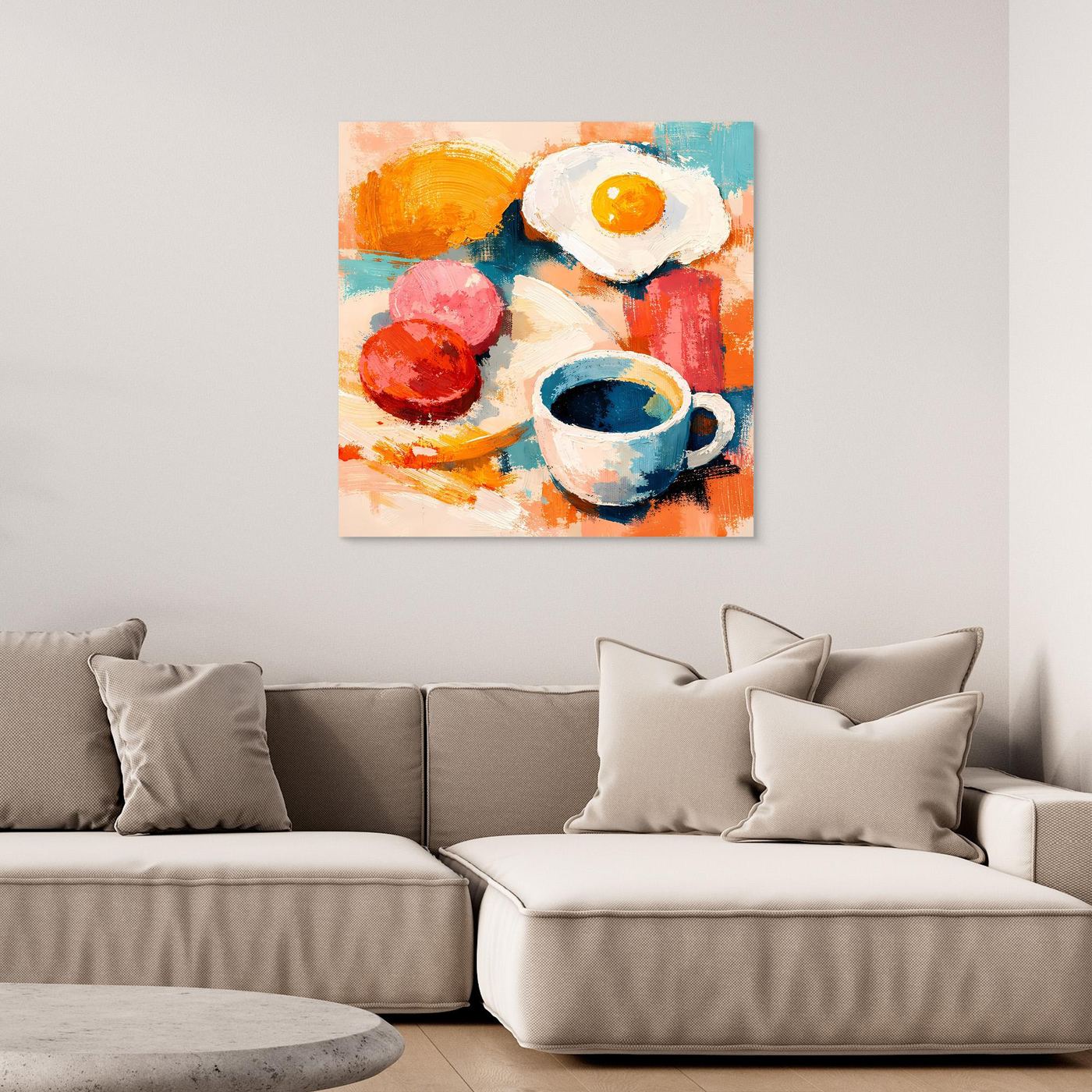 Abstraktes Wandbild aus Leinwand mit Spiegelei, Kaffeetasse und Früchten ohne Rahmen
