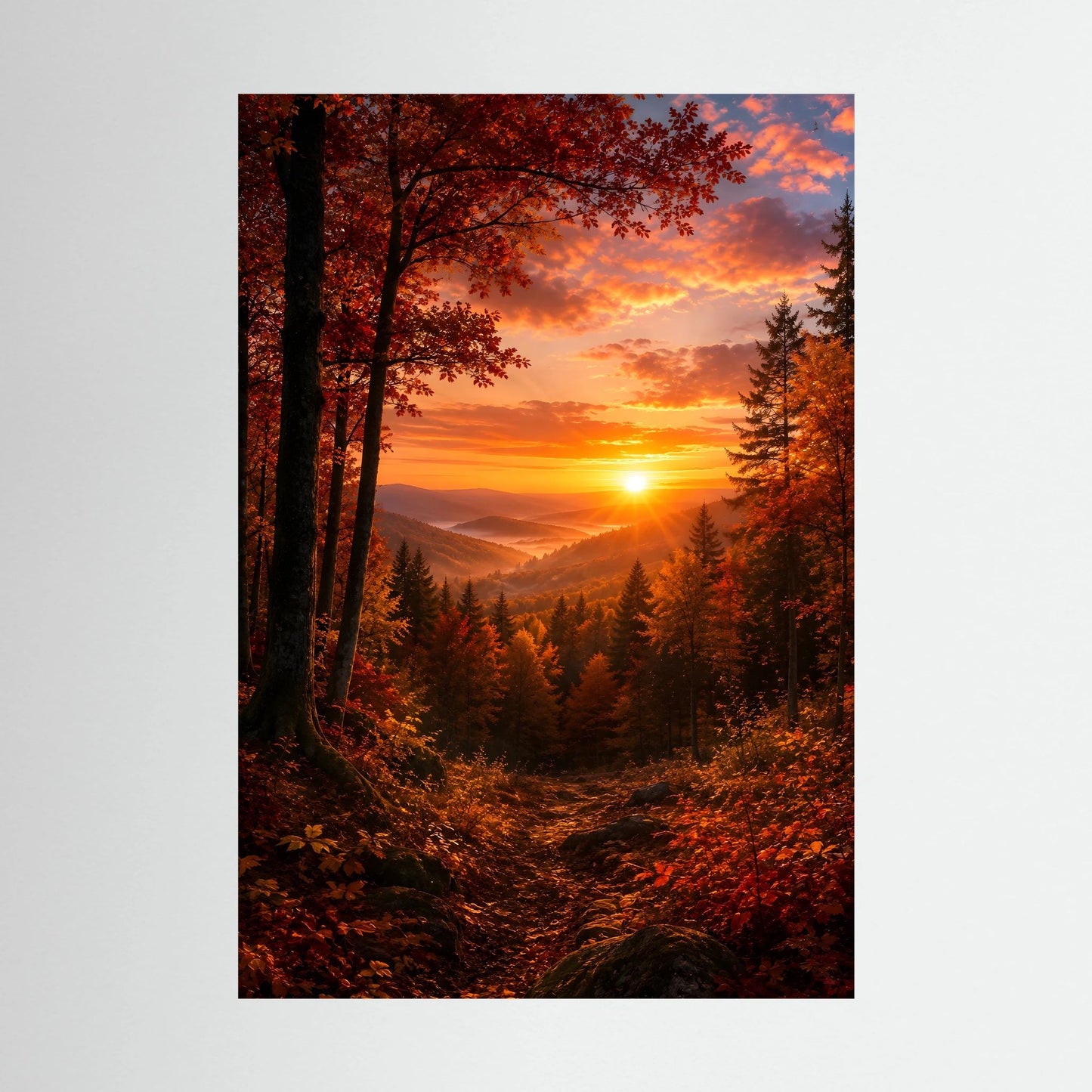 Hochformatiges Kunstposter Herbstwald bei Sonnenuntergang, orangefarbene Sonne, ohne Rahmen