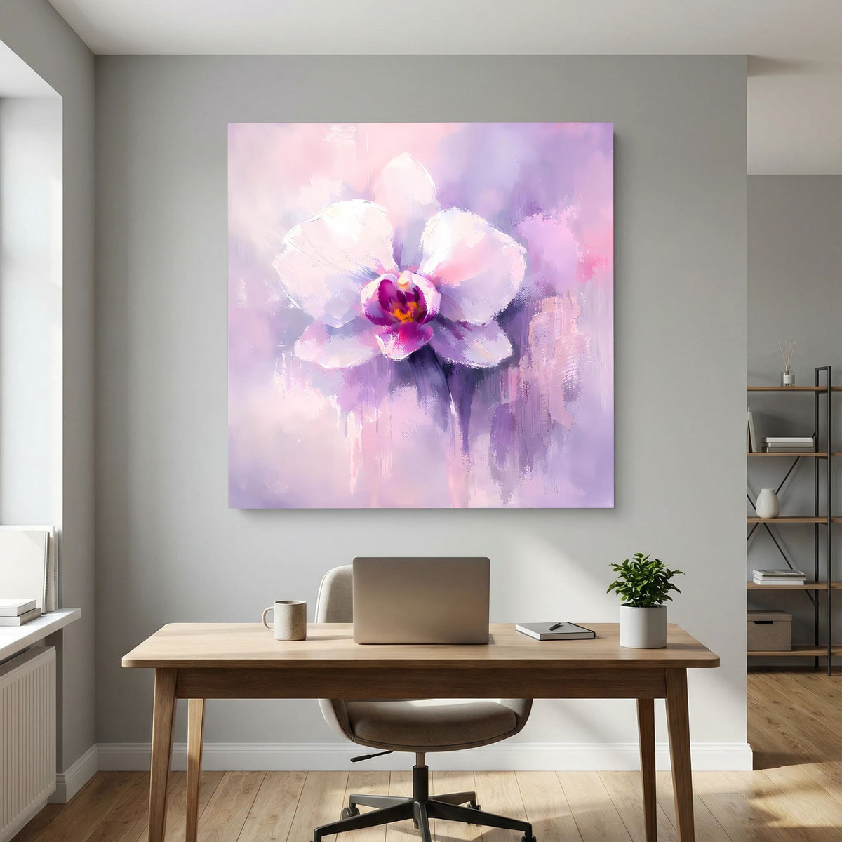 Quadratisches Leinwand-Wandbild mit zentrierter abstrakter Orchideenblüte in Pink und Lila