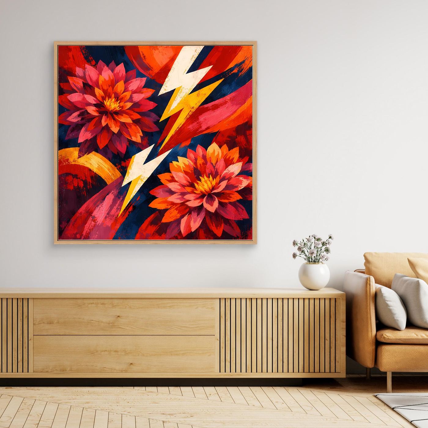 Gerahmtes abstraktes Blumen-Leinwandbild mit roten Blüten, gelb-orangen Streifen und Holzrahmen