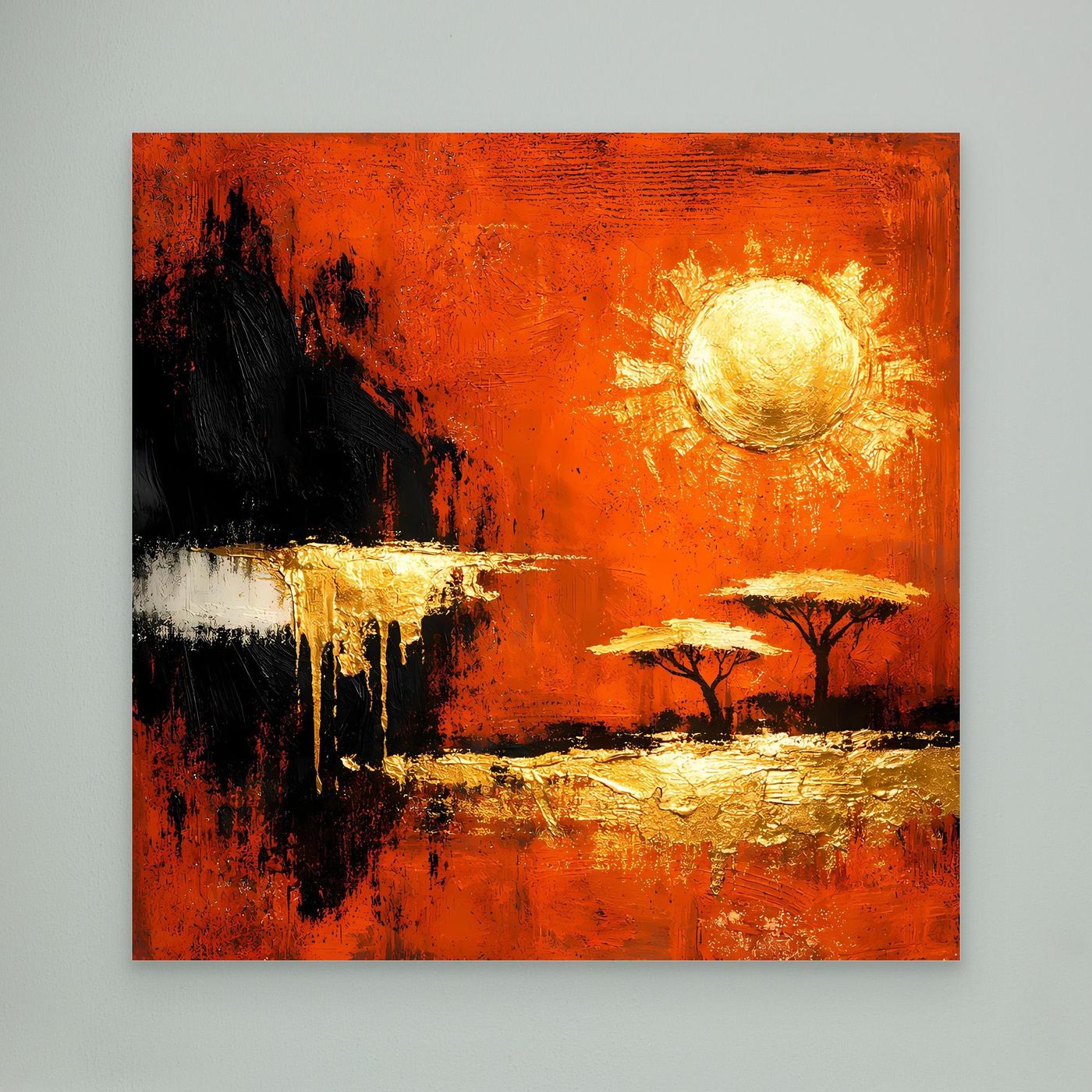 Leinwand Abstrakte Savanne bei Sonnenuntergang | Modernes Afrika Wandbild in Rot und Gold