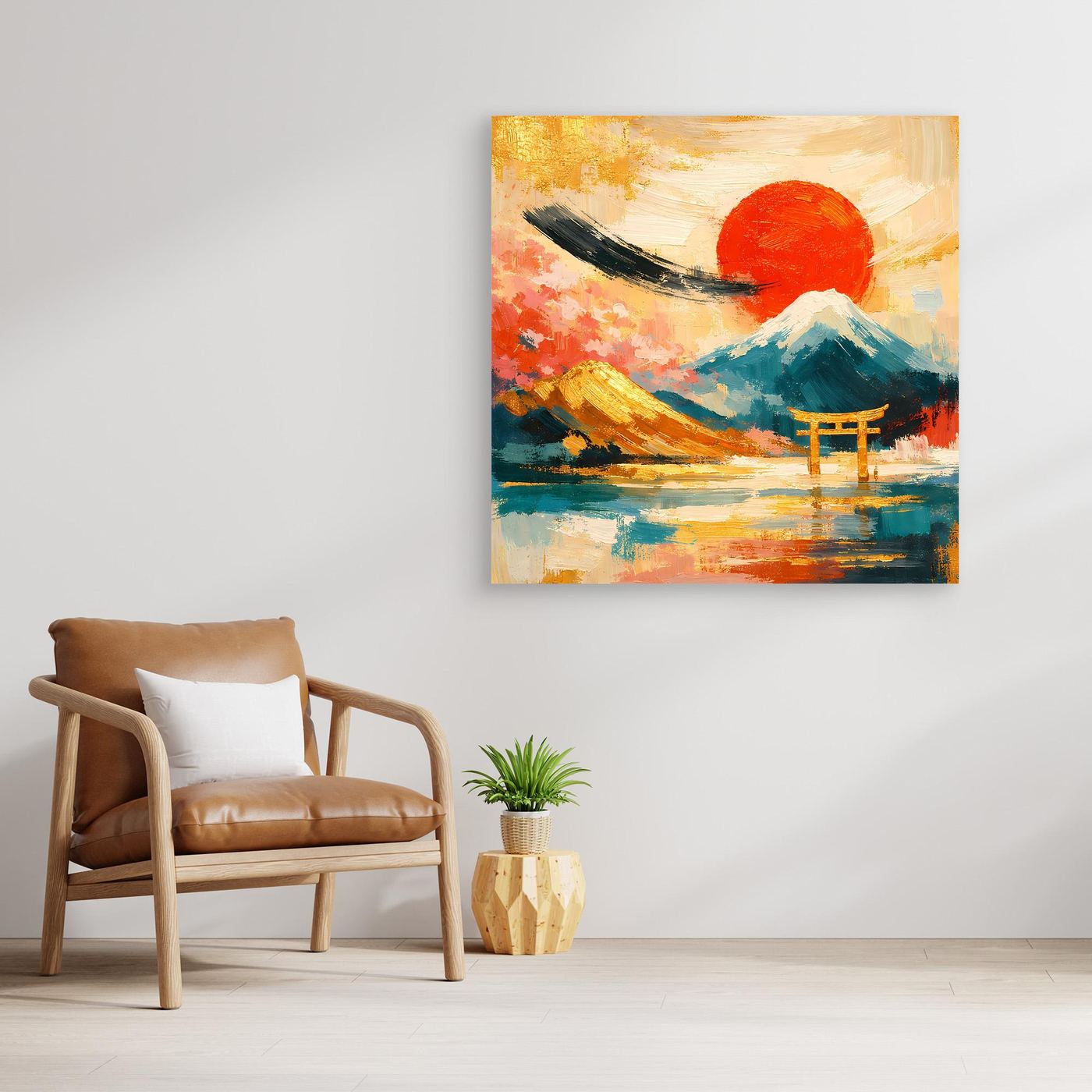 Leinwandbild mit japanischem Torii-Tor, roter Sonne und Gebirge in warmen Farben