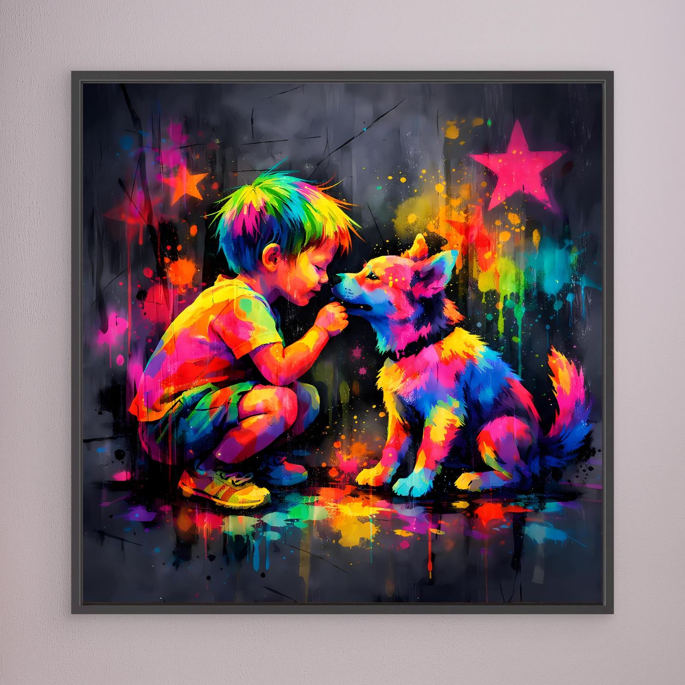 Gerahmtes Leinwandbild mit schwarzem Rahmen: buntes Graffiti-Motiv aus Kind und Hund