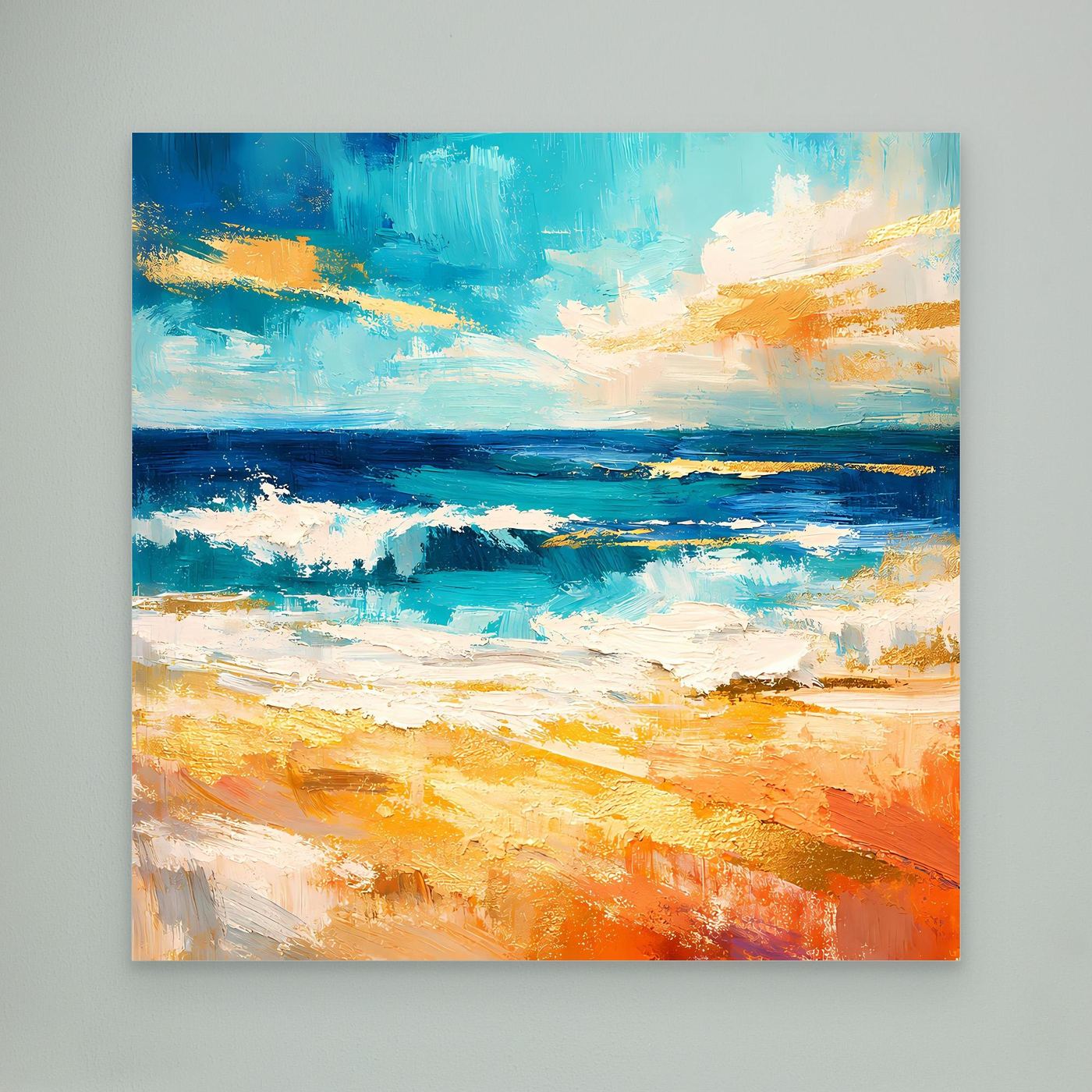 Quadratisches Leinwandbild abstraktes Strandmeer ohne Rahmen, viel Blau und Orange