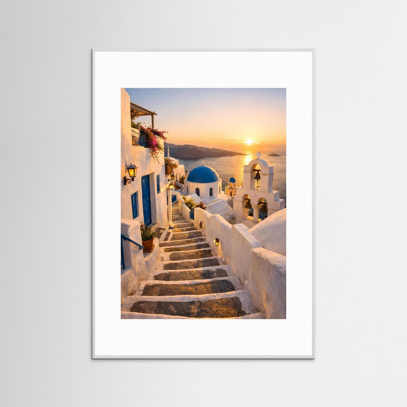 Leinwandbild Sonnenuntergang Santorini: Treppe, weiß-blaue Häuser im grauem Rahmen