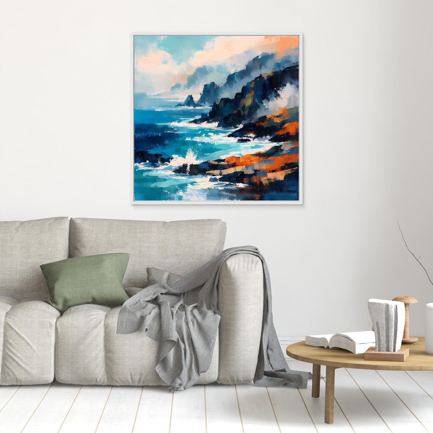 Kleines abstraktes Leinwand-Wandbild mit Ozean und Klippen, türkis-blau/orange