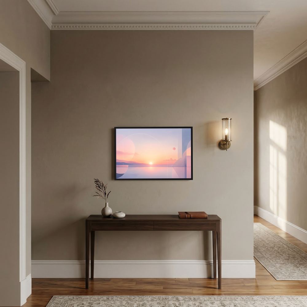 Dunkel gerahmtes Querformat-Poster mit abstrakter Landschaft in Rosa und Blau