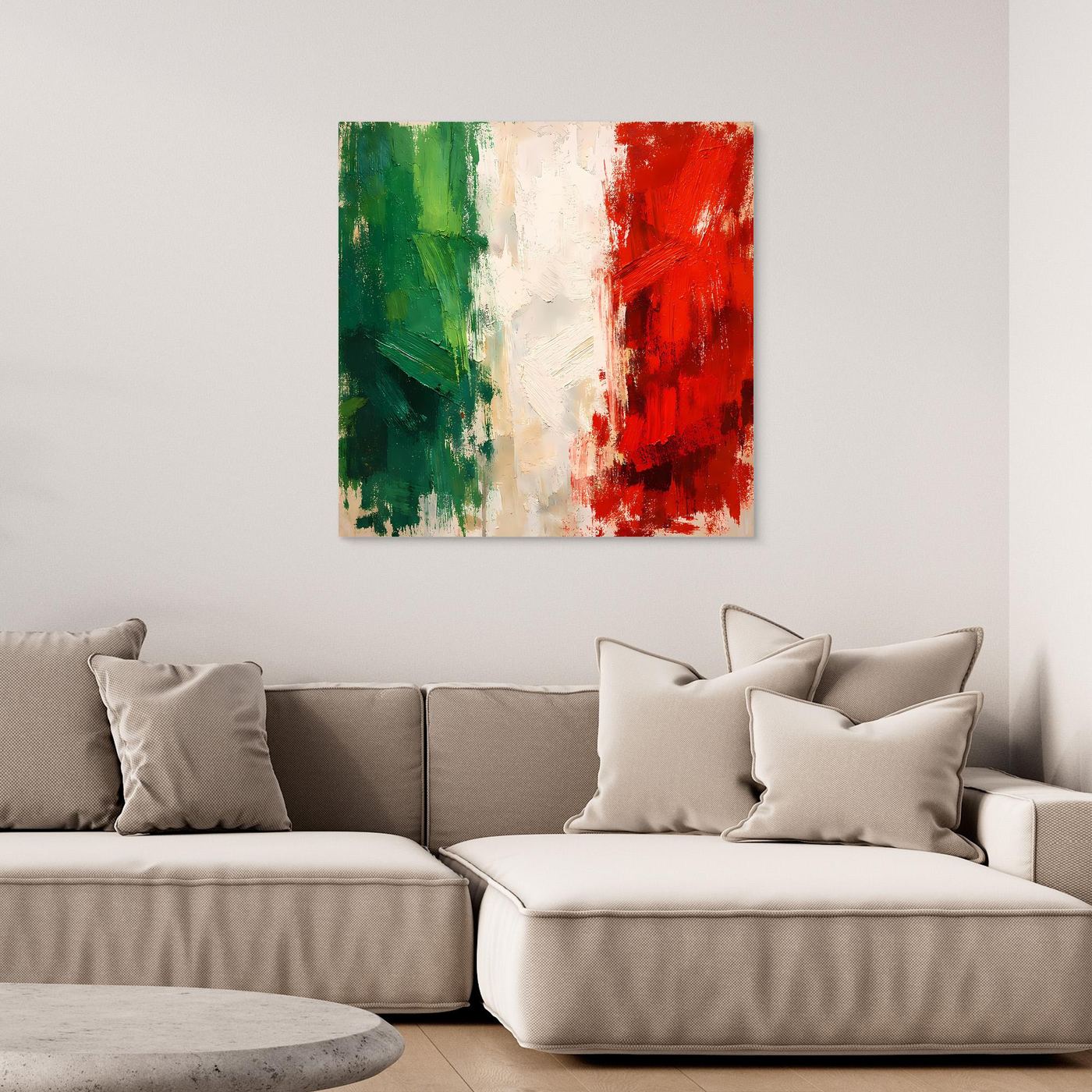 Abstract wall canvas with green, white and red brush strokes
