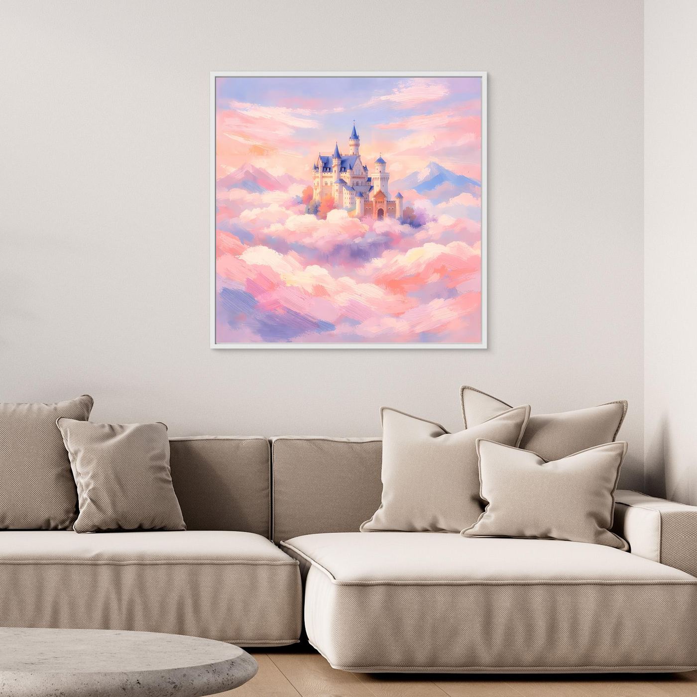 Leinwand Schloss Neuschwanstein über Wolken | Märchenhafte Pastelltöne Wandbild