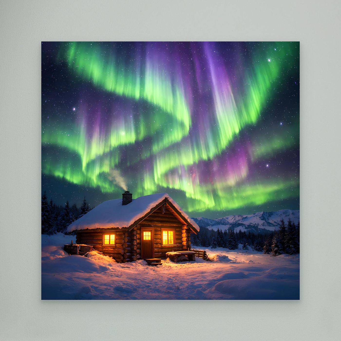 Leinwandbild mit Polarlichtern und Hütte im Winter, dunkler Rand, warm beleuchtete Fenster