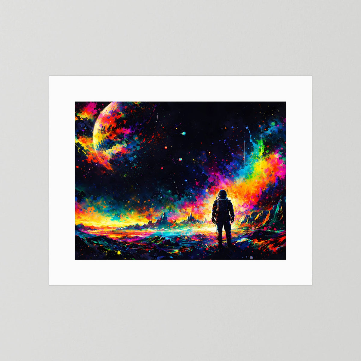 Poster mit Astronauten-Silhouette im Neon-Weltraum, weiß umrandet