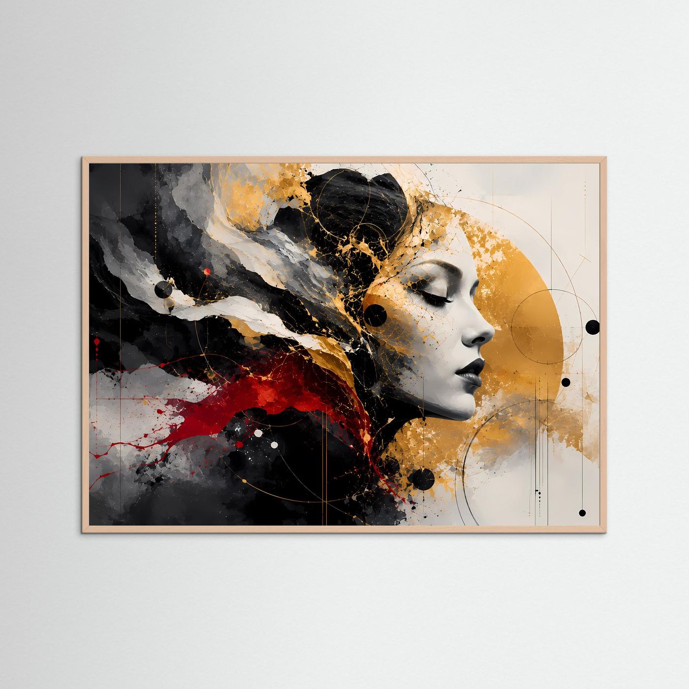 Abstraktes Frauenporträt Poster | Schwarz Gold Rot Wandkunst | Modernes Gesicht Kunst | Elegante Leinwand | Luxus Wall Art