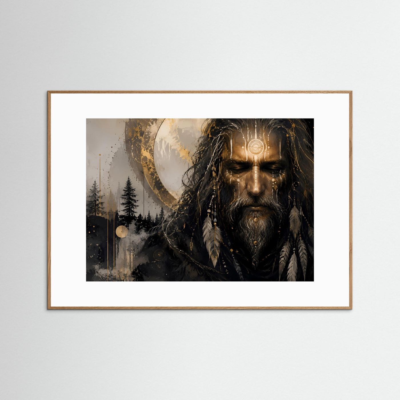 Mystischer Schamane in Gold & Schwarz | Modernes Spirituelles Porträt Poster