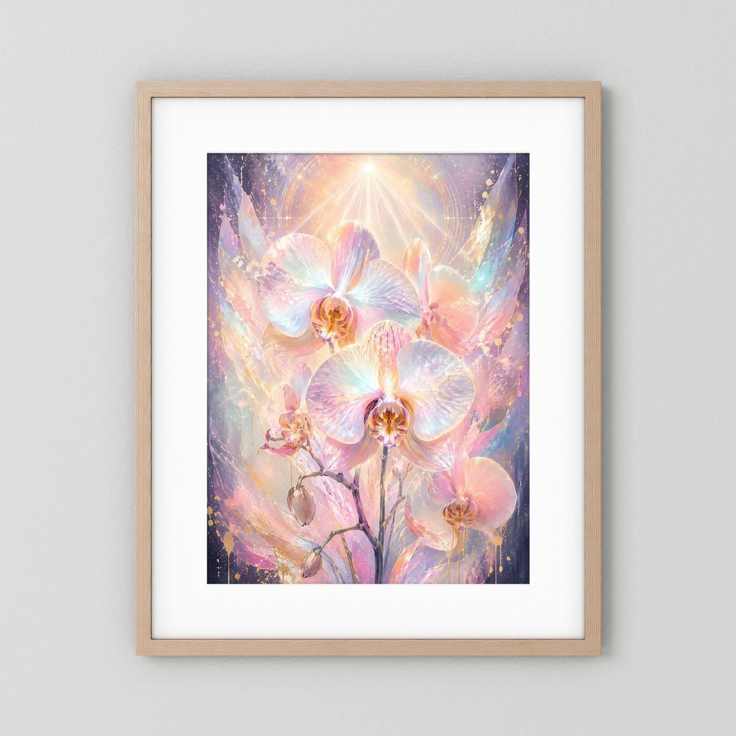 Poster im Hochformat mit Pastell-Orchideen, Holzrahmen hell und weißer Rand