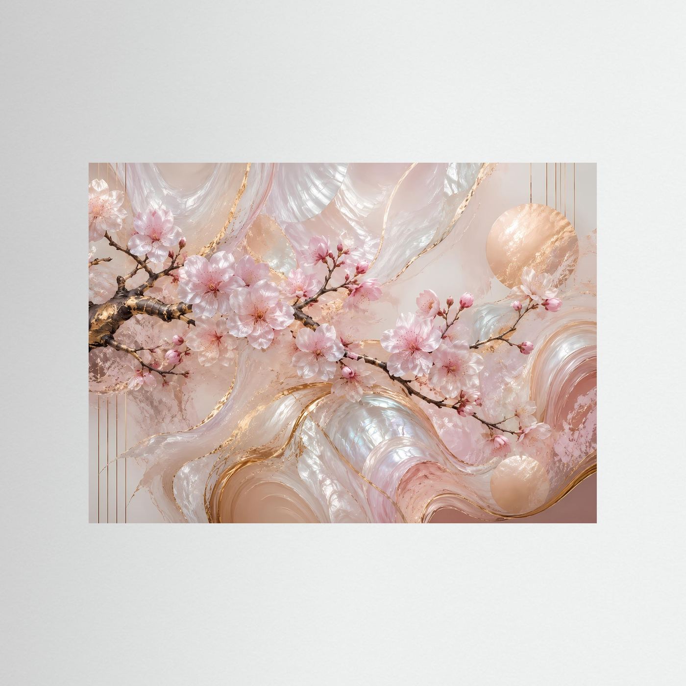 Abstraktes Sakura-Poster mit rosa Blüten und goldenen Wirbeln, Querformat ohne Rahmen