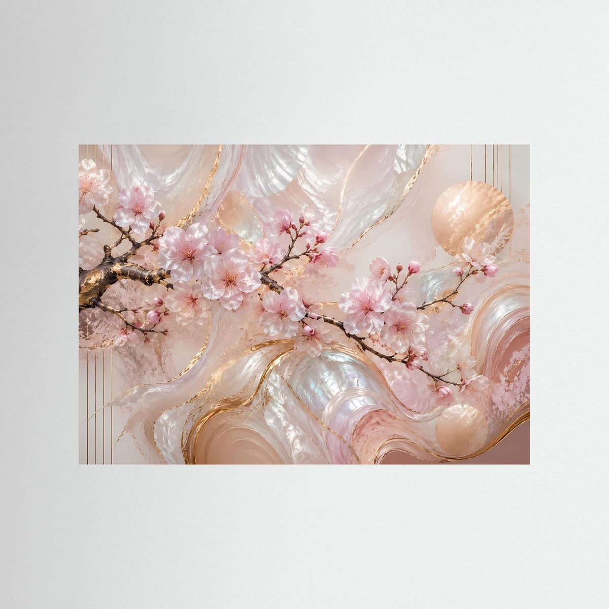 Abstraktes Sakura-Poster mit rosa Blüten und goldenen Wirbeln, Querformat ohne Rahmen