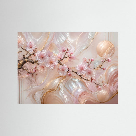 Abstraktes Sakura-Poster mit rosa Blüten und goldenen Wirbeln, Querformat ohne Rahmen