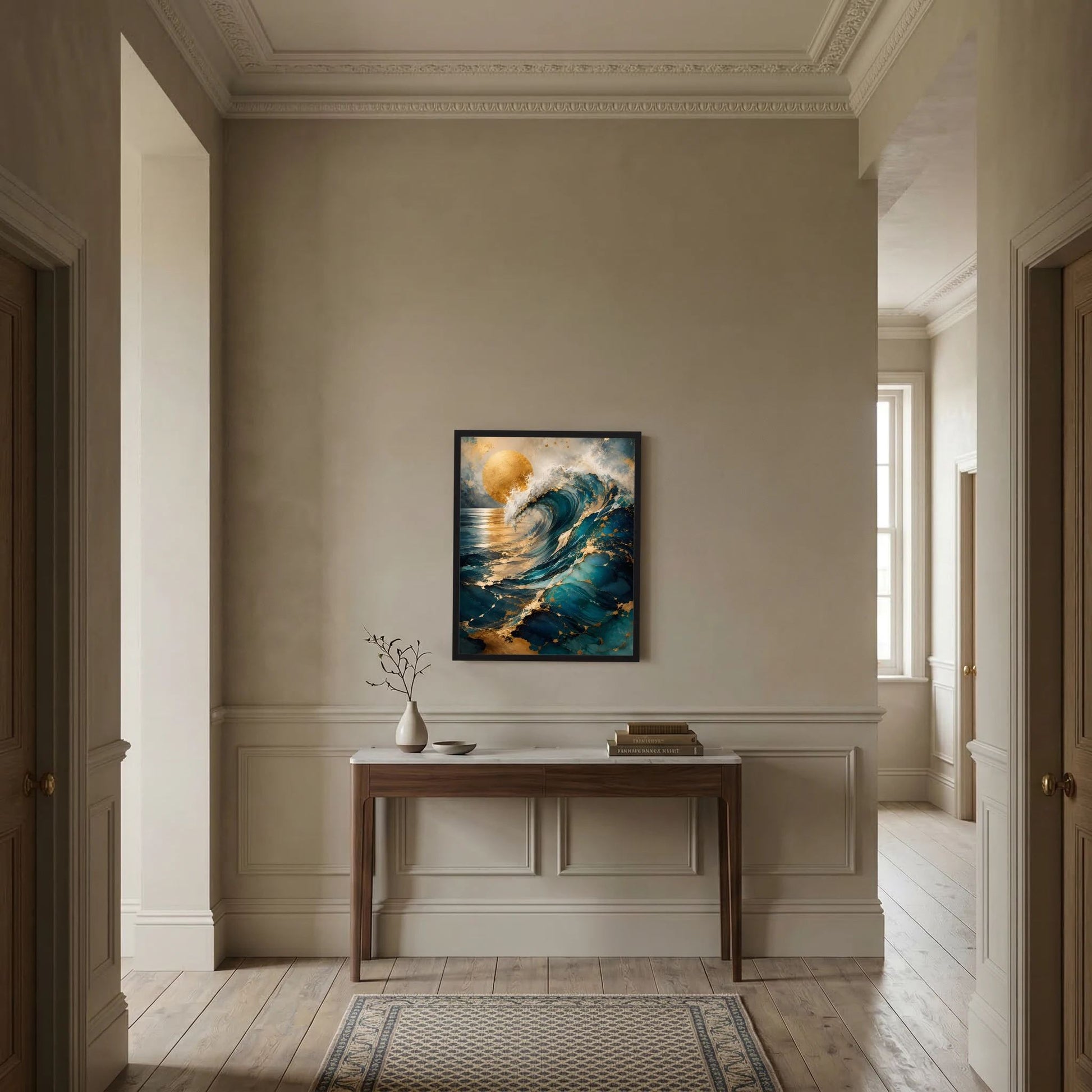 Kunstposter im Hochformat mit abstrakter Meereswelle in Petrol, Türkis und Gold, dunkler Rahmen
