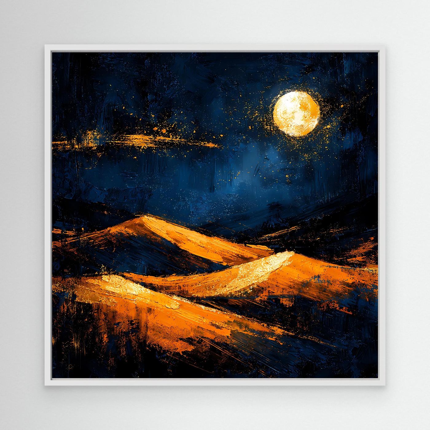 Abstraktes Leinwandbild mit goldener Sonne, orange Dünen und dunklem Blau im weißen Rahmen
