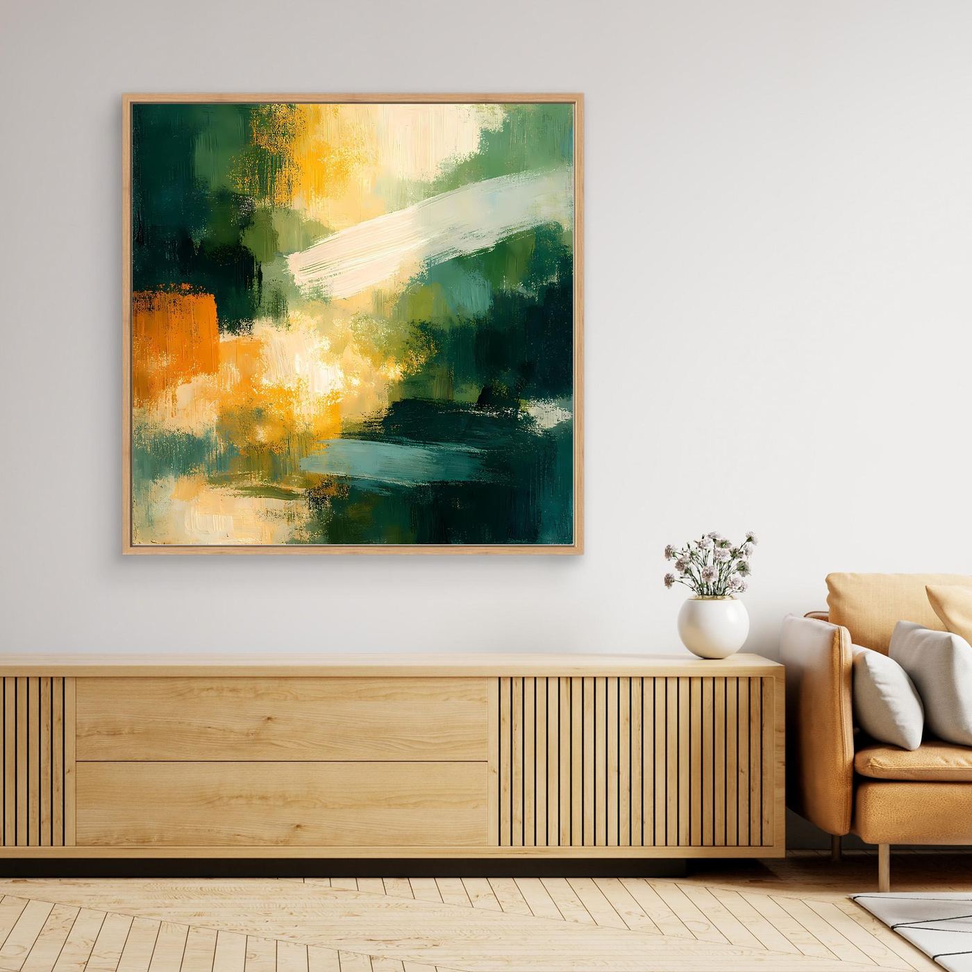 Abstraktes Leinwand-Wandbild mit grünen und orangegelben Farbfeldern, mit Holzrahmen
