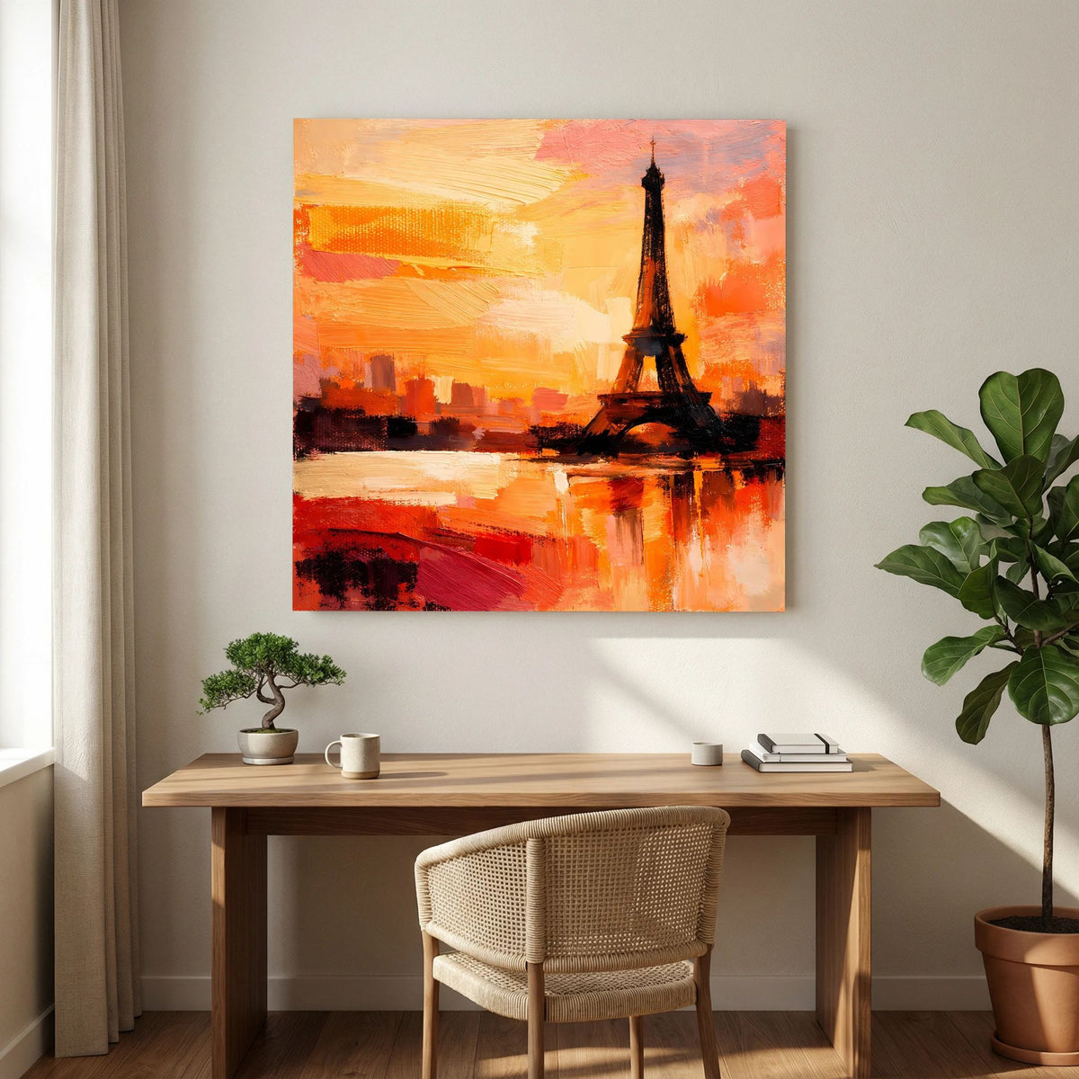 Leinwand Abstraktes Eiffelturm Paris Gemälde | Modernes Romantisches Wandbild Sonnenuntergang