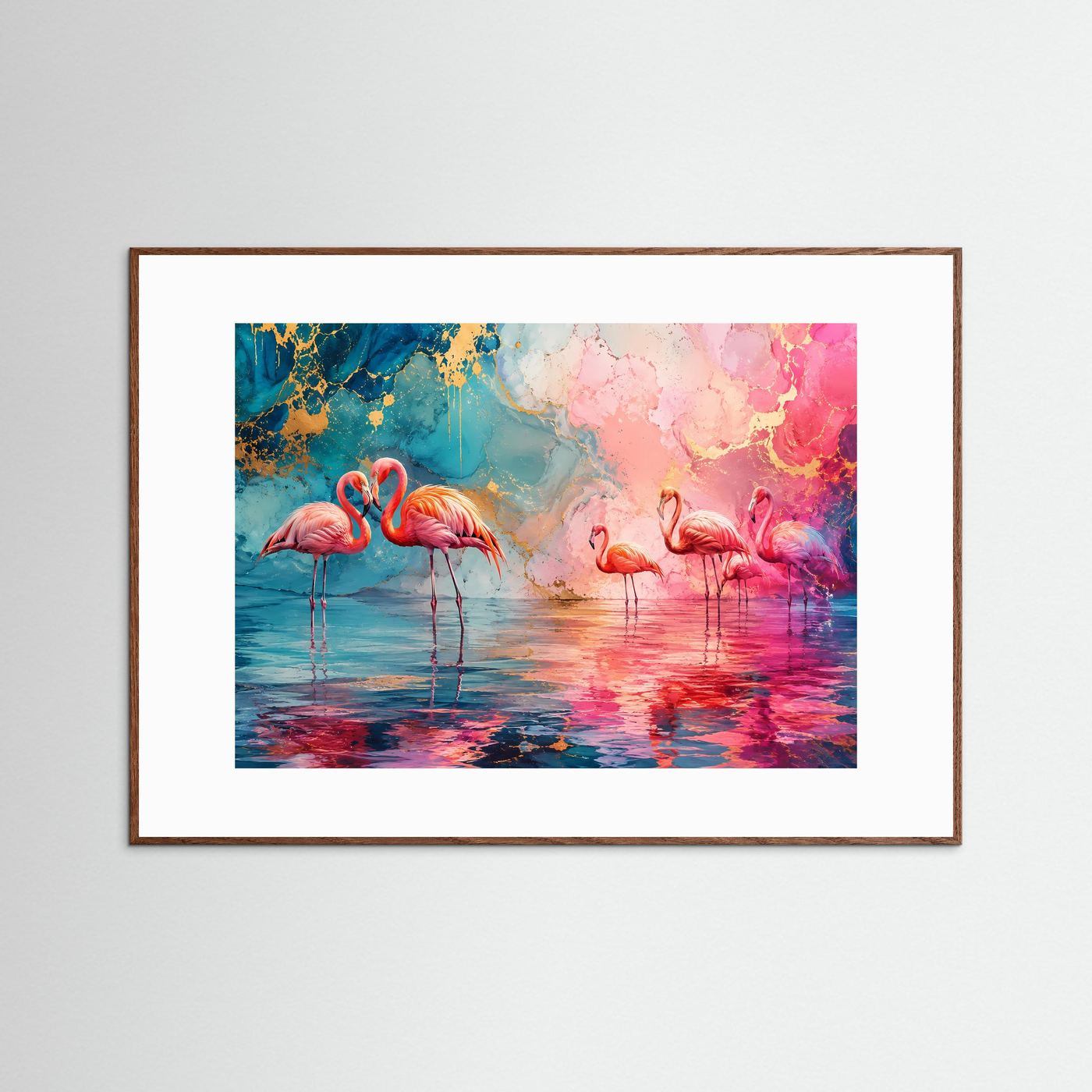 Elegante Flamingos in Pink & Blau | Modernes Wandbild & Kunst-Poster mit Goldakzenten