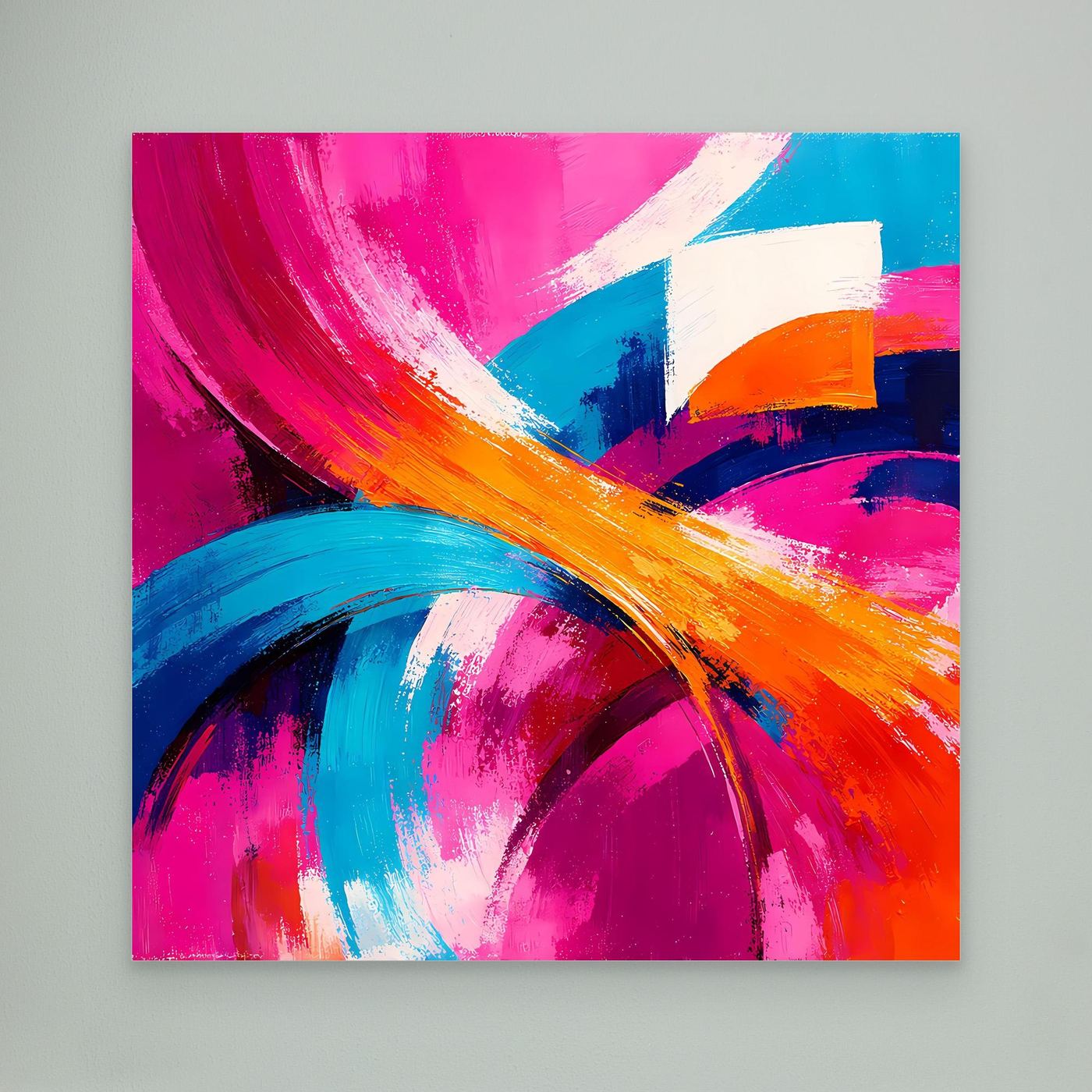 Leinwand-Abstraktbild mit dynamischen Pinselstrichen in Pink, Blau und Orange, ungerahmt.