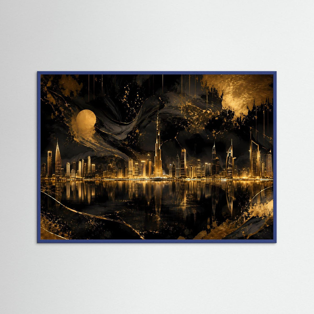 Querformatiges Poster mit abstrakter Skyline bei Nacht, blauer Rahmen, Schwarz/Gold